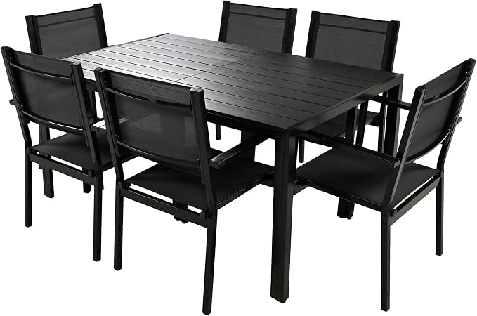 U-Style Steel Outdoor Table and Chair Set, 7 Piece Patio Dining Set for 6, Rectangular Balcony Table and Chairs, Suitable for Patio, Courtyard, Garden (Black)
