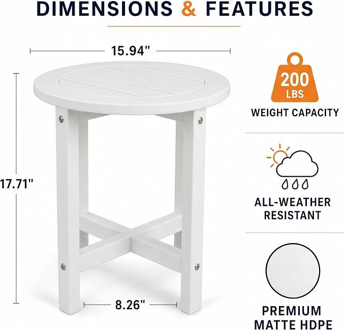 White HDPE Outdoor Side Table, 18 Inch Round