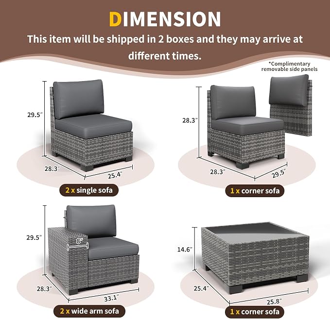 6 Pieces Patio Furniture Set, Wide Arm Outdoor Patio Sectional Couch Set, All Weather Wicker Rattan Conversation Set w/Cushions and Glass Table and Waterproof Cover, Grey & Grey