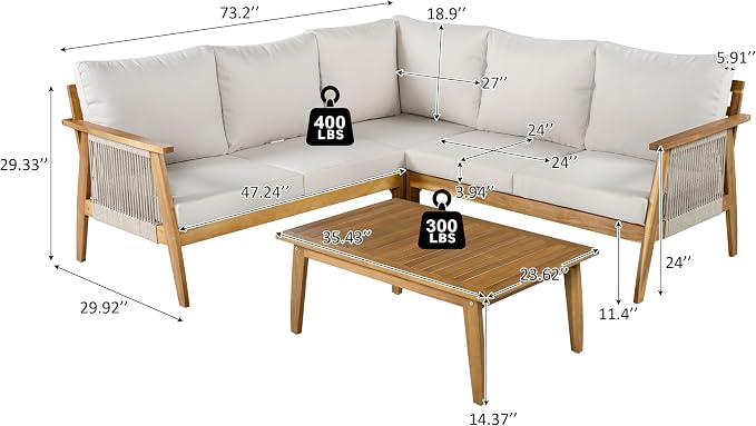 Merax Outdoor 4-Piece Acacia Wood & Rope Sectional Patio Corner Set, L-Shaped Sofa with Coffee Table, Handmade Woven Garden Furniture for Poolside & Deck