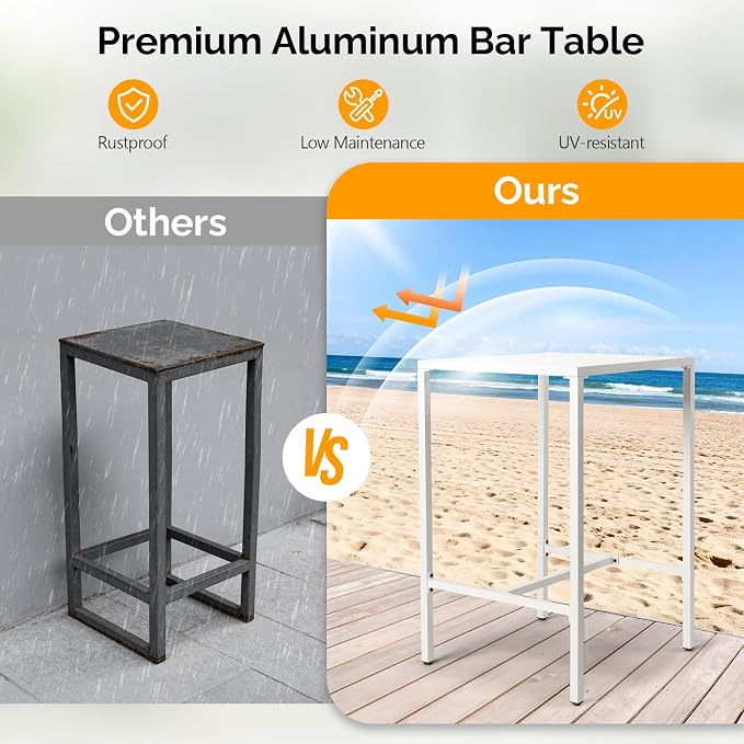 VINGLI 27 Inch Outdoor Bar Table, All-Weather Aluminum Patio Balcony Pub Table for Pool, Blacony, Yard (White)