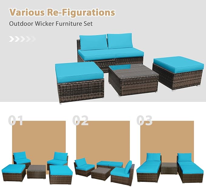 DORTALA Wicker Patio Furniture Set 5 Piece, Outdoor Conversation Sets with Chairs, Ottomans, Tempered Glass Table, Cushions, All Weather Rattan Sofa Couch for Balcony, Porch, Backyard, Deck, Turquoise