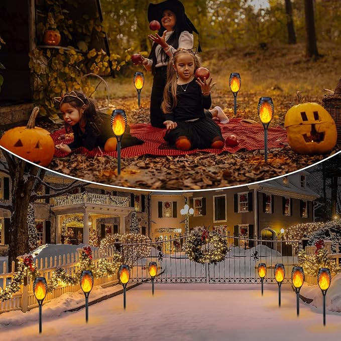12Pack Solar Torch Light with Flickering Flame for Halloween Decorations | Solar Lights Outdoor for Halloween Decor, Waterproof Solar Garden Lights, Flame Torches for Outside Garden Patio Pathway Yard