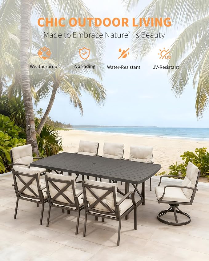 9 Pieces Outdoor Dining Set, Never-Rust Aluminum Patio Dining Set for 8, Patio Table and Chairs Set with 2 Swivel Rocker Chairs, Patio Furniture Setfor Decks, Garden, Lawn, Gunmetal