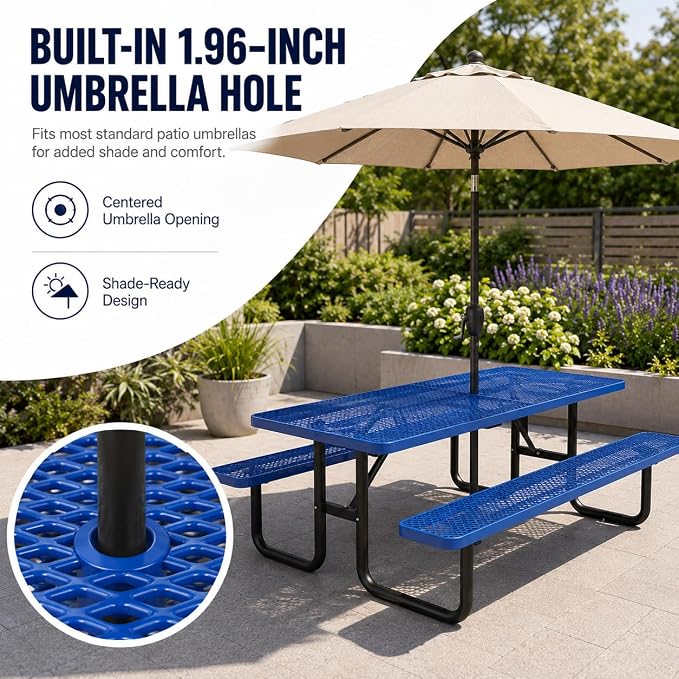 8 FT Heavy Duty Outdoor Metal Picnic Table with Umbrella Hole, Commercial Grade Steel Picnic Table with Benches, Seats 8-10 Adults, Weather Resistant for Backyard, Park, School & Campground