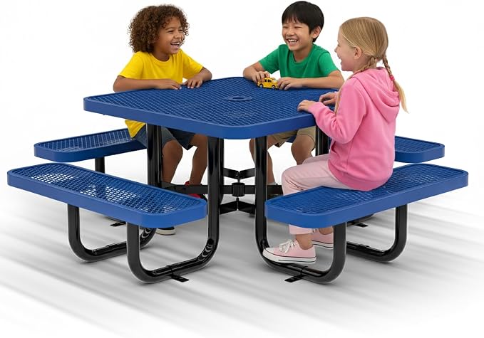 Square Metal Picnic Tables for Kids for Outdoors with Umbrella Hole, Adjustable Seats for School, Park, Playground (Blue, 38 in, Kids, Square)