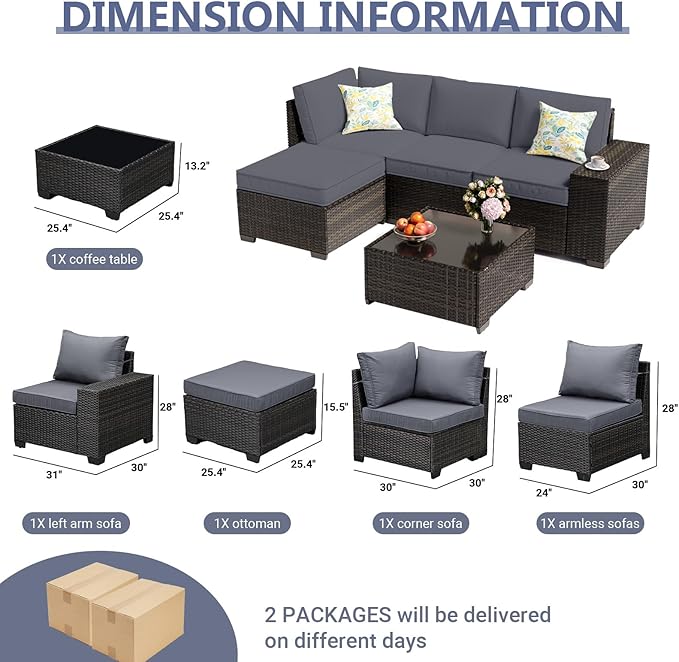 JOYURE 5 Pieces Patio Furniture Set, Outdoor Sofa with Waterproof Cushions, Rattan L Shaped Patio Couch & Coffee Table, Modern Outdoor Furniture for Backyard, Deck, Balcony – Grey