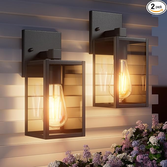 Outdoor Light Fixtures Wall Mount, Waterproof Front Porch Lights, Modern Exterior Lighting Fixtures with E26 Socket, Black Wall Sconces Lantern Lamp, Outside Lights for House, Garage, Patio (2 Pack）