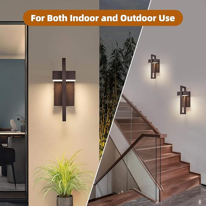 Modern LED Outdoor Wall Sconce Brown Outdoor Lights for House, 13.7'' LED Exterior Lighting Fixtures Outside Wall Mount Lights for Front Porch Hallway, Warm White 3000K, 2 Pack