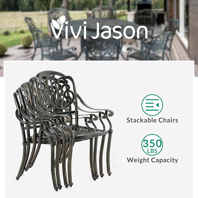 VIVIJASON 9-Piece Patio Furniture Dining Set, Rust-Free Cast Aluminum Outdoor Conversation Set, Include 8 Cushioned Chairs & 61" Round Dining Table with 31" Lazy Susan, Umbrella Hole, Khaki