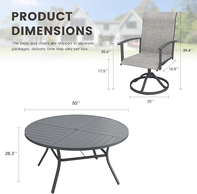 7 Pieces Round Outdoor Table and Chairs Set, Patio Dining Set with 50" Round Spliced Outdoor Table and Patio Swivel Chairs for Backyard Lawn Garden, Dark Grey Table and Grey Chairs