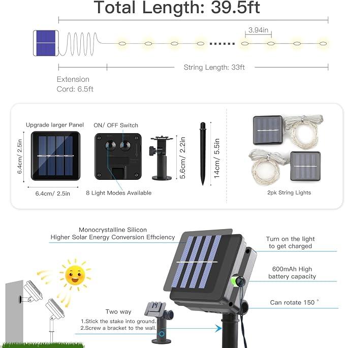 Solar Fairy Lights Outdoor Waterproof, 2 Pack 33ft 100 LED Solar Twinkle Lights, 8 Modes White Solar Christmas Lights for Backyard Trees Patio Deck Garden Birthday Party Wedding Decorations