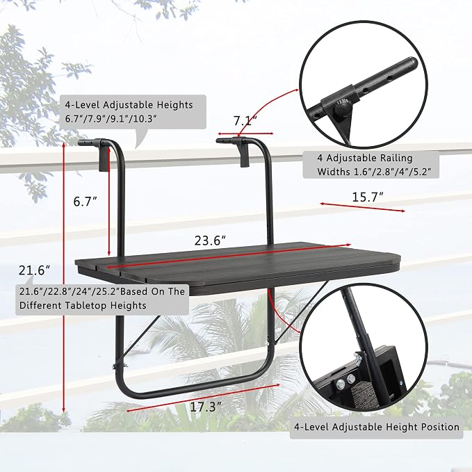 Balcony Table Hanging Deck Railing Table Outdoor Balcony Bar Tables for Railings Aluminium Folding Adjustable for Patio Deck Garden Baluster Windows 23.6" x 15.7", All Weather Space Saving Black
