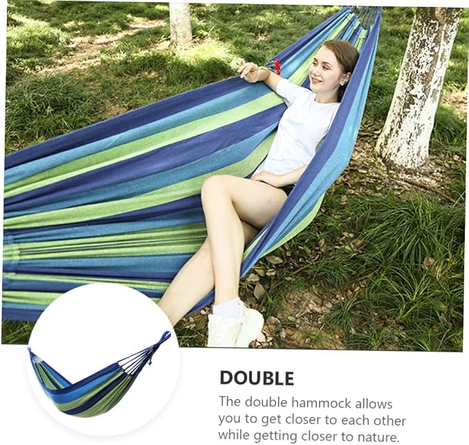 Double Camping Hammock Canvas Outdoor Portable Swing Hammock for Adults and Widened Thickened Blue Canvas for Travel and Patio Use