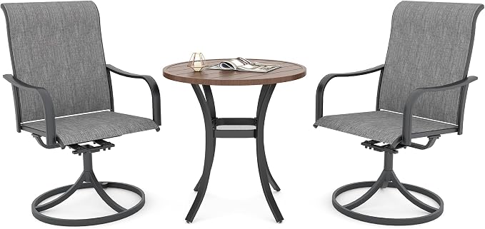 Anmutig Grey Textilene Outdoor Patio Swivel Rocker Chairs with 27.5" Brown Top Round Table Small Dining Set - Style2