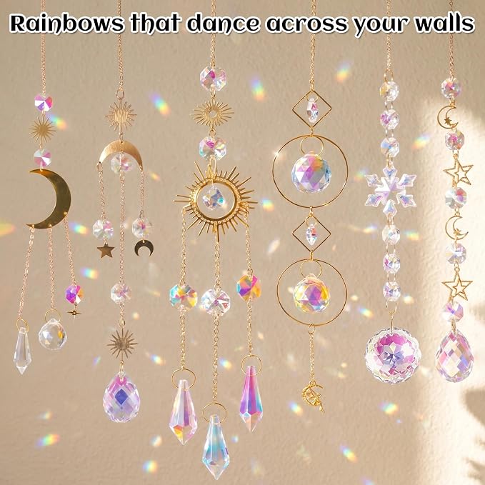 6 Pack Crystal Suncatchers for Window, Rainbow Prism Hanging Decor | Sun Catchers Indoor Hanging Decor with Sun Moon Star Charms, Sparkly Window Ornaments for Home, Office, Garden, Wedding Gift
