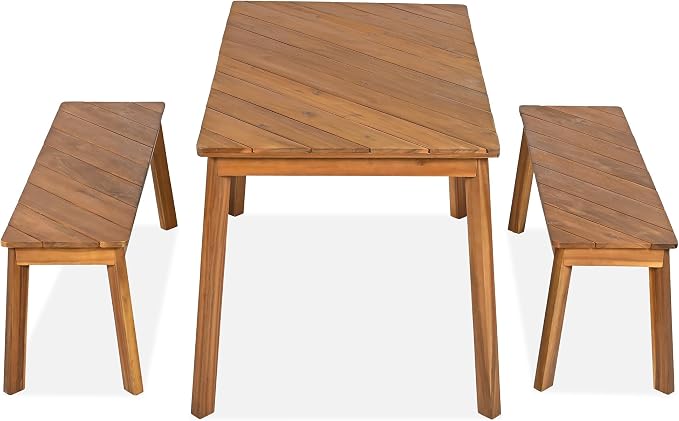 LUMISOL 3 Pieces Acacia Wood Table Bench Dining Set for Outdoor Indoor, Patio Dining Table with 2 Benches, Picnic Beer Table for Patio Porch Garden Poolside, Natural