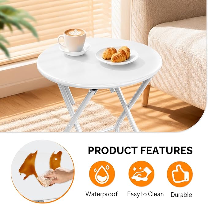 VINGLI Patio Metal Folding Side Table, Portable Small Outdoor Folding Round Table, Perfect for Indoor and Outdoor Spaces Like Balconies, Backyards, Porches, and Patios.White（1 Pack）