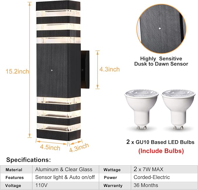 Dusk to Dawn Led Outdoor Lighting, Front Porch Exterior Light Fixture, Anti-Rust Matte Black Up and Down Outdoor Lights for House Garage Front Door