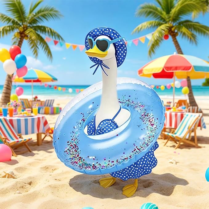 Hawaiian Porch Goose Outfits with Hat Sunglasses & Swim Ring, Summer Bikini Goose Swimsuit Clothes Costume Fits 23" Cement Geese Statue, Summer Garden Lawn Patio Yard Outdoor Decor (Summer style-Blue)