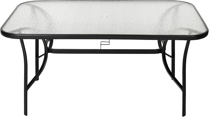 Flash Furniture Tory Rectangle Patio Table with Umbrella Hole, Commercial All-Weather Table with Heat Resistant Tempered Glass, Steel Tube Frame, 35x 59, Black