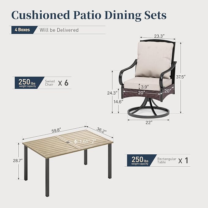 SUNSHINE VALLEY 7 Piece Patio Dining Sets for 6, Outdoor Table and Chairs with Cushioned Wicker Swivel Patio Chairs & Wood-Like Dining Table (1.61-2”Umbrella Hole), Outdoor Dining Sets for Backyard