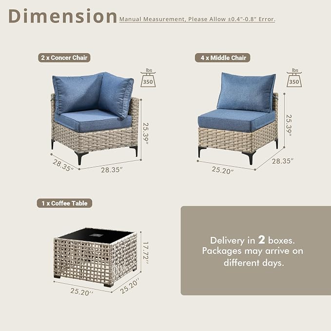 7 Pieces Patio Sectional Furniture Set, Outdoor Wicker Sectional Couch with Solar Lights Table, Modern Conversation Set for Porch Balcony Backyard, Denim Blue