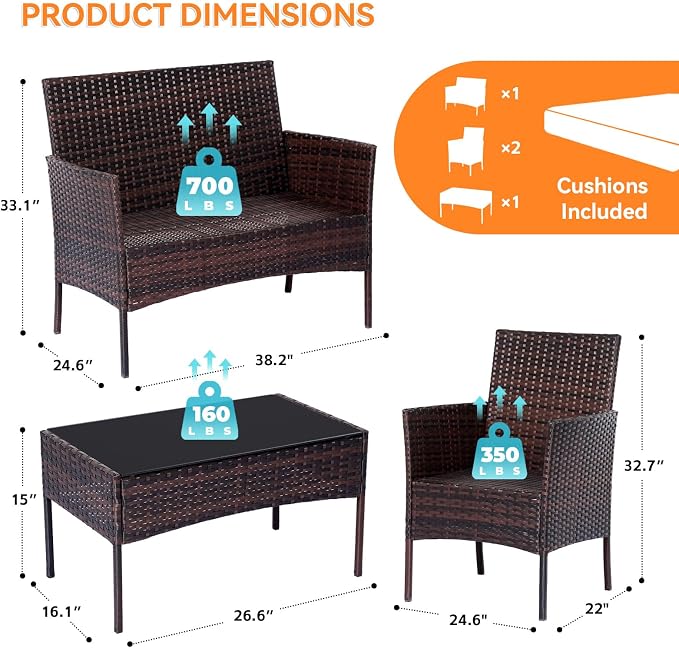 Patio Furniture Set, Outdoor Furniture Set 4 Pieces Patio Conversation Set PE Rattan Chair with Cushion Tempered Glass Table Garden Balcony Sets for Yard Pool Backyard Brown/Beige