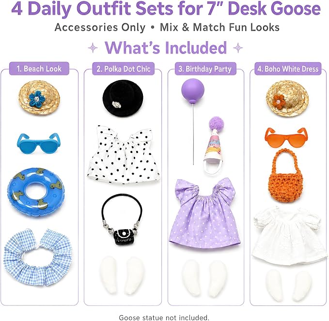 4 Sets Seasonal Small Desk Goose Outfit with DIY Wing, Costume Accessories for 7 Inch Mini Porch Goose, Elegant/Birthday/Farm/Summer Beach Themed Dress Hat Sunglasses Bag Swim Ring, Dress-Up Decor Set