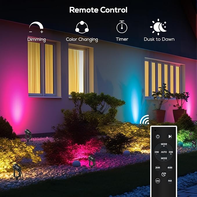 SUNTHIN 4 Pack Outdoor RGBW Landscape Lights, Color Changing Spot Uplights | Dusk to Dawn Sensor Controller with Remote, IP65 Waterproof Outdoor LED Yard Lights for Garden, Trees & Pathway