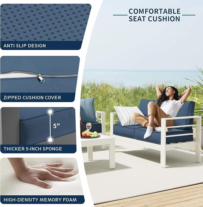 Amopatio Aluminum Patio Furniture Set, 7 Pieces Modern Patio Conversation Sets, Outdoor Sectional Metal Sofa with Coffee Table for Balcony, Garden, Dark Grey&Blue (Included Waterproof Covers)