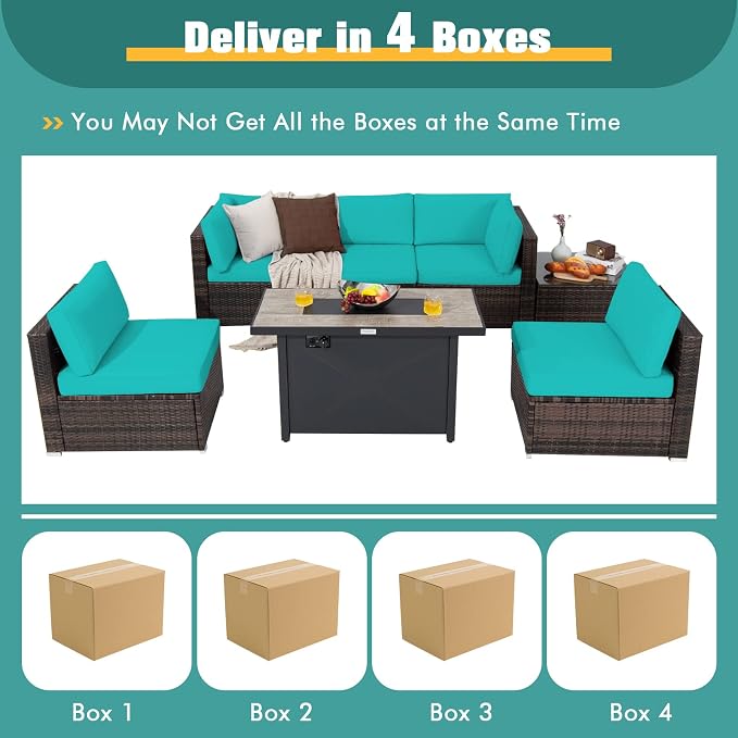 Tangkula 7 Piece Patio Furniture Set with Fire Pit Table, Includes 42 Inches 60,000 BTU Propane Rectangle Fire Pit Table and Protective Cover, Outdoor Cushioned Sectional Sofa Set for 5 (Turquoise)