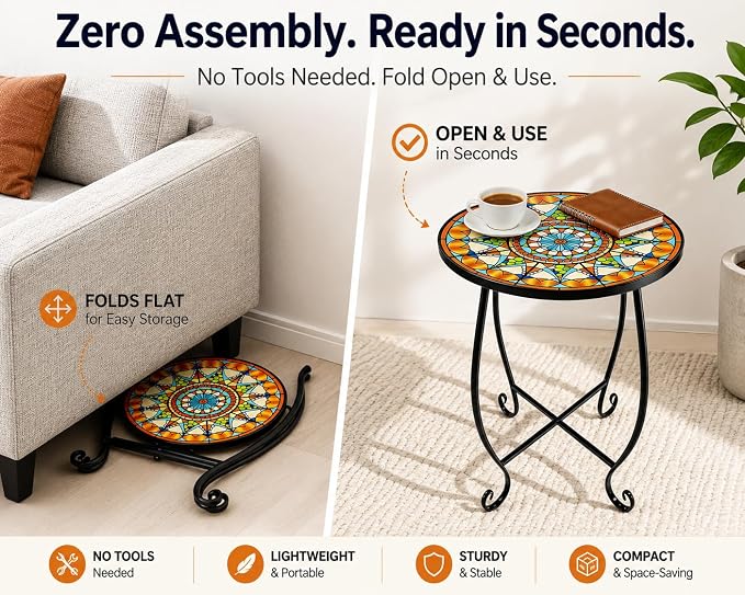 Mosaic Outdoor Side Table Round, 15 Inch Height - Small Patio Table, Foldable Sun Pattern Metal Plant Stand for Garden, Balcony, Porch & Camping