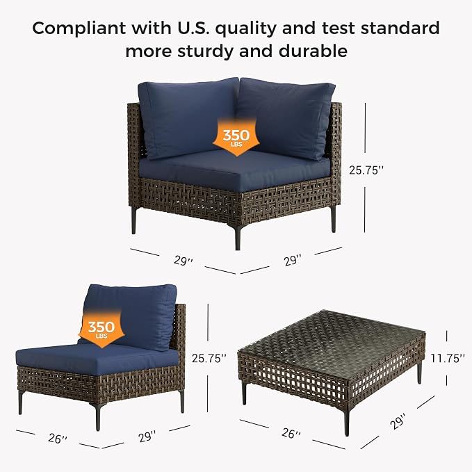 Grand patio 5-Piece Wicker Patio Furniture Set, Retro Outdoor Sectional Sofa with Water Resistant Blue Thick Cushions Coffee Table, Brown