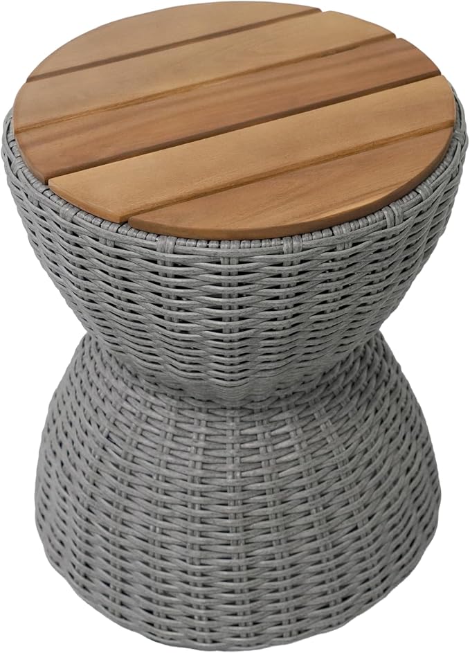 Christopher Knight Home Denhill 15.25" Outdoor Side Table, Round Patio End Table with Wood Top and Wicker Base, Small Outdoor Coffee Table for Balcony Garden, Accent Garden Stool, Grey+Natural