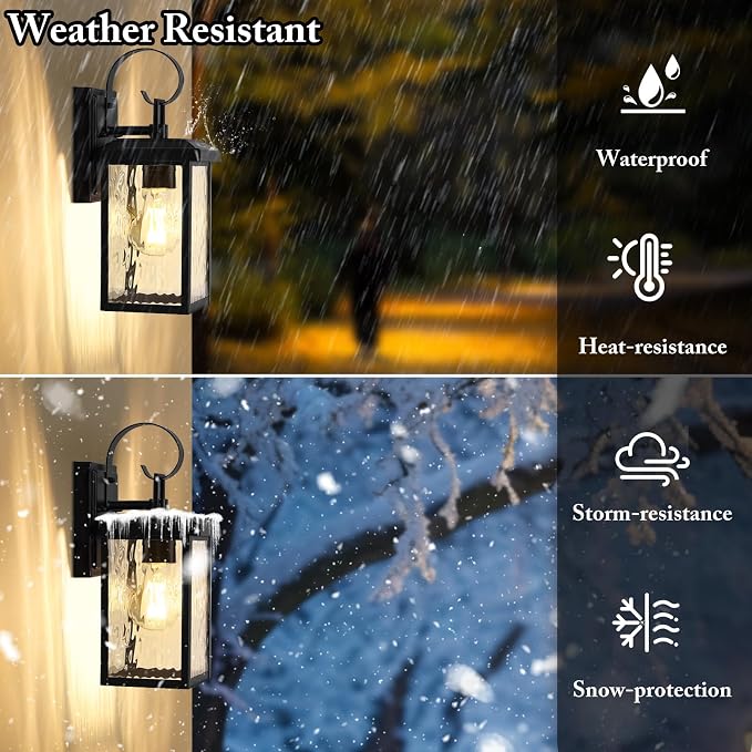 BesLowe 2-Pack Outdoor Wall Light Fixtures with Water Ripple Glass, Black | Waterproof, Rust-Resistant, Durable Metal, Standard E26 Socket, Easy to Install
