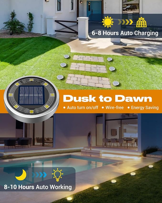 btfarm 2 Pack Solar Lights Outdoor, 8 LED Solar Ground Lights IP65 Waterproof Flat Solar Disc Light, Pathway Lights for Garden Lawn Patio Yard Path Landscape, Warm White