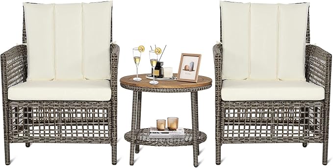 Tangkula 3 Piece Patio Conversation Set, Outdoor Rattan Chair Set W/ 2-Tier Coffee Table, Acacia Wood Tabletop, Cozy Seat & Back Cushions, Wicker Sofa Set for Backyard Poolside Front Porch (Off White)