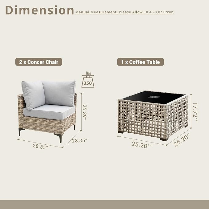 3 Pieces Patio Sectional Furniture Set, Outdoor Wicker Sectional Couch with Solar Lights Table, Modern Conversation Set for Porch Balcony Backyard, Gray