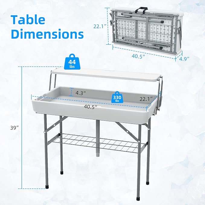 Ice Cooler Folding Table,Double-Layer Party Chilling Table with Drain and Detachable White Skirt to Keep Drinks Cool for Weddings, Outdoor, Picnics, Pool Parties