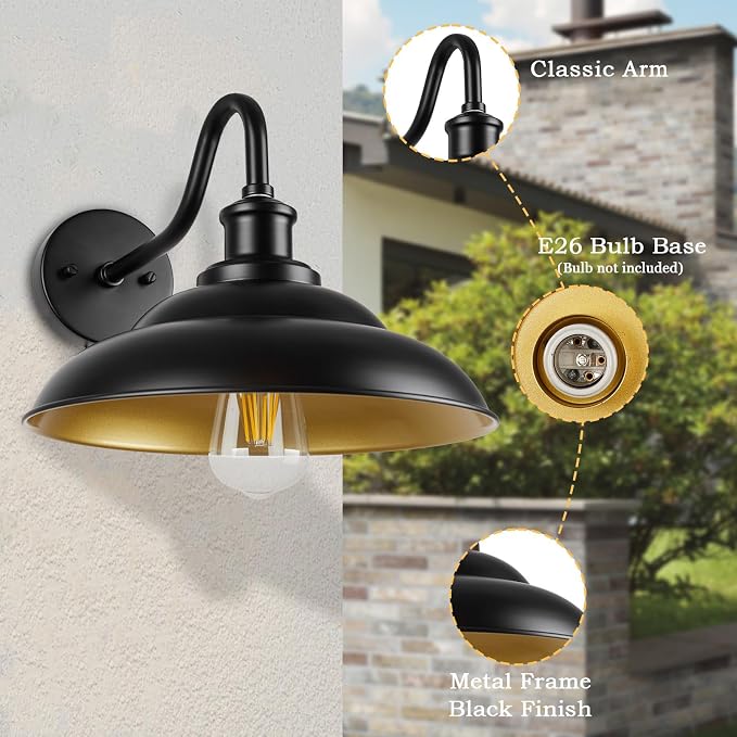 Outdoor Barn Light Fixture, Farmhouse 16 Inch Dome Large Black Exterior Wall Sconce, Industrial Wall Lantern for Porch, House, Garage, Patio, Front, 2 Pack