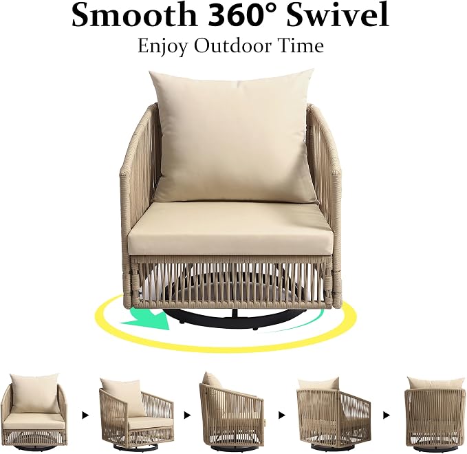 Outdoor Patio Furniture Set, 3 Pieces Outdoor Swivel Chairs with Coffee Table and Thick Cushion, Pe Wicker Rope Furniture Set for Entertaining, Balcony, Garden, Poolside, Khaki