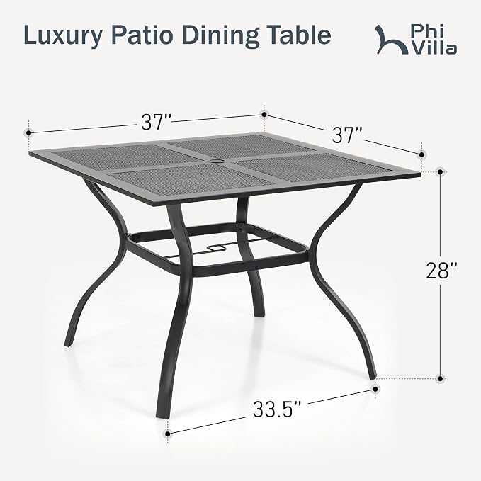 PHI VILLA Patio Table w/Umbrella Hole, Metal Table w/Mesh Top, Black | 37" wrought iron dining table for 4, weather resistant. Perfect for patio, deck, porch, backyard.