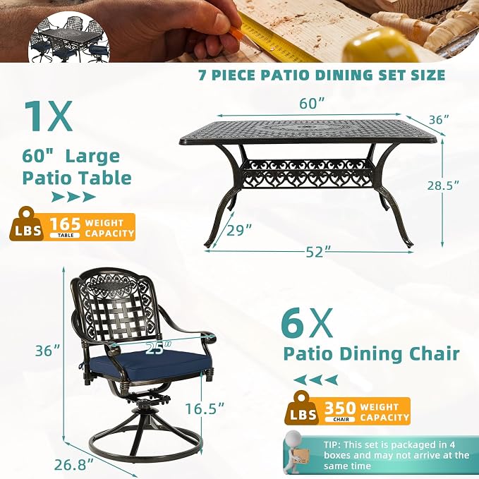 MEETWARM 7-Piece Outdoor Patio Dining Set, All-Weather Cast Aluminum Patio Conversation Set with 6 Cushioned Swivel Rocker Chairs for Backyard Garden Deck, 1 Rectangular Table, Navy Blue