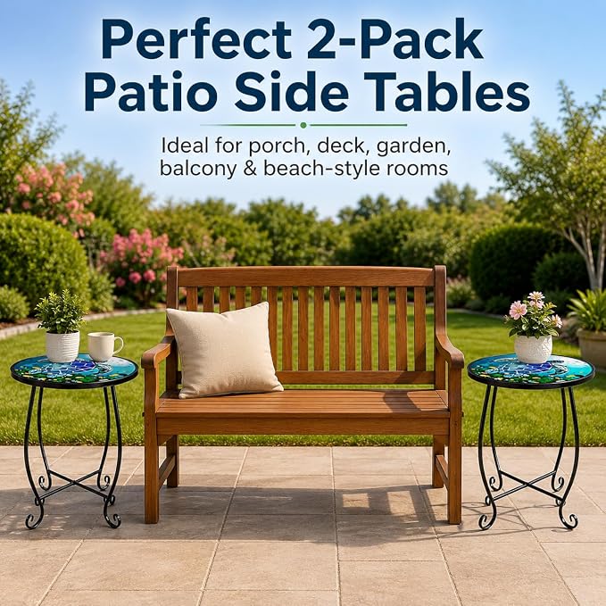 2-Pack 15 Inch Tall Mosaic Patio Side Tables Style, Metal Folding Turtle Table Set, Shatterproof Outdoor Patio Table for Porch Deck, Rust Resistant Small Garden Table (Set of 2)