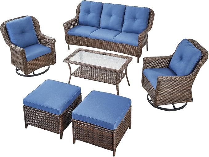 6 Pieces Wicker Patio Conversation Sets-Swivel Patio Chairs with Outdoor Sofa Outdoor Patio Furniture Set for Patio Deck Porch Garden Backyard-Brown/Blue