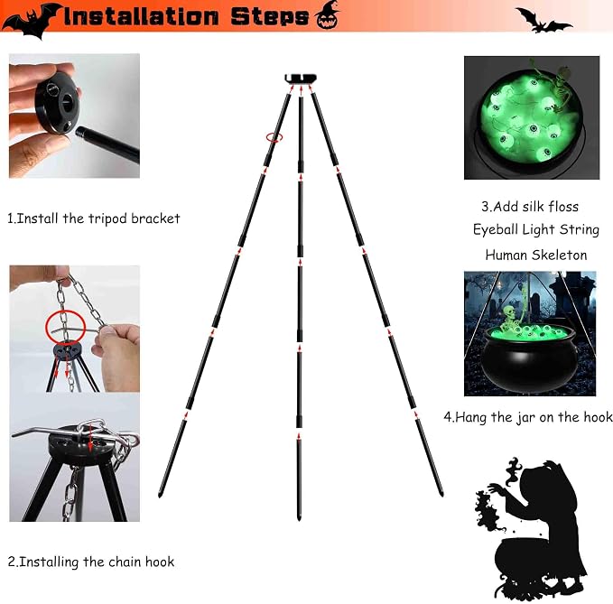 Halloween Outdoor Decorations, Witches Cauldron for Yard Decorations, Witch Decor Indoor, Halloween Witch Cauldron with Tripod with Eyeballs String Lights and Skeleton for Home & Porch Decor