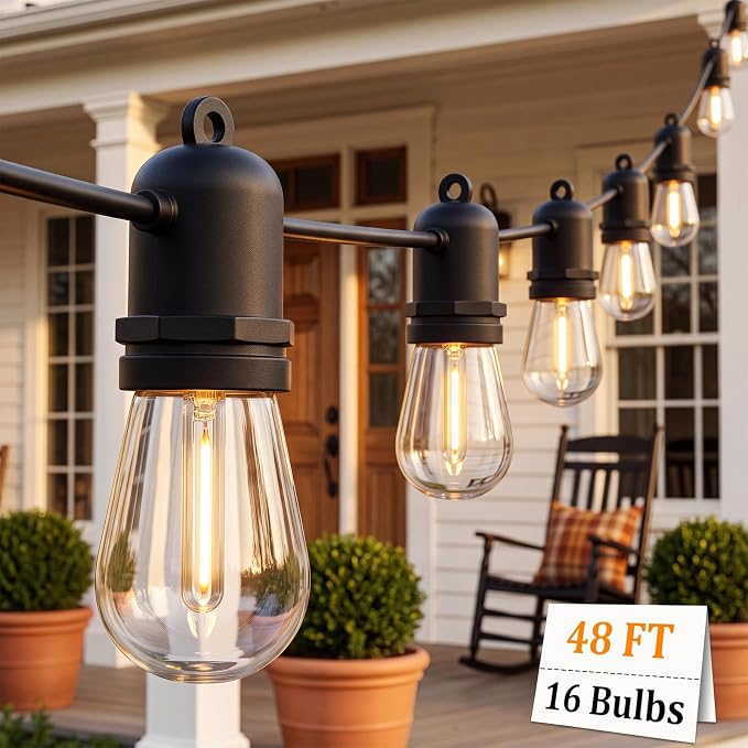 S14 Outdoor String Lights 48FT, Waterproof Patio Lights with 17 Shatterproof LED Bulbs (1 Spare), UL Certified Commercial Grade Black Wire Hanging Lights for Outdoor, Indoor, Backyard, Porch