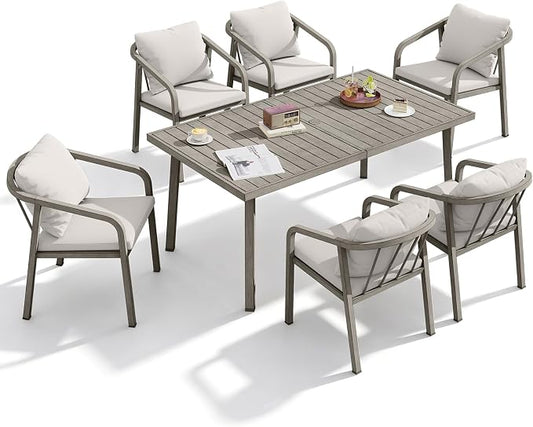 7-Piece Patio Dining Set, Never-Rust Aluminum Outdoor Dining Set for 6, Patio Table and Chairs Set with Washable Cushions, Outdoor Furniture Set for Courtyard, Deck, Commercial, Gray Oak