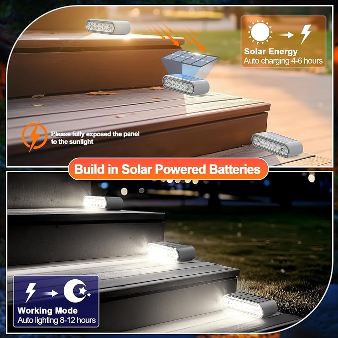 Solar Step Lights for Outside, 8-Pack Stair Light Outdoor Waterproof IP67, 14 LED Cool White Light Solar Powered Lighting for Steps, Stairs, Deck, Patio, Walkway, Front Porch Decor